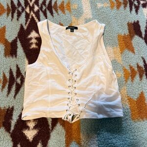 white ambiance lace up crop shirt